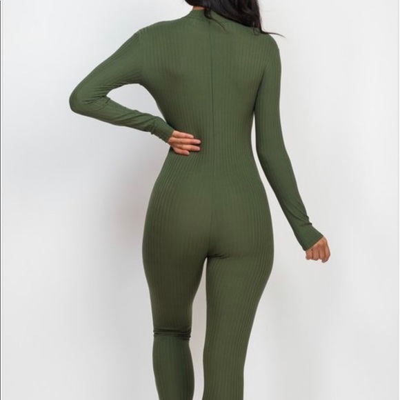 OLIVE RIBBED MOCK NECK LONG SLEEVE JUMPSUIT ROMPER - Picture 5 of 9